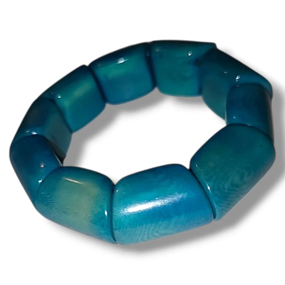 Vintage Tagua Blue Chunky Block Bead Stretch‎ Bracelet Statement Bold